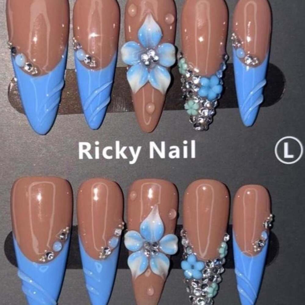 Ricky Nail Handmade Blue Floral Rhinestone Stiletto Press-On Nails Large